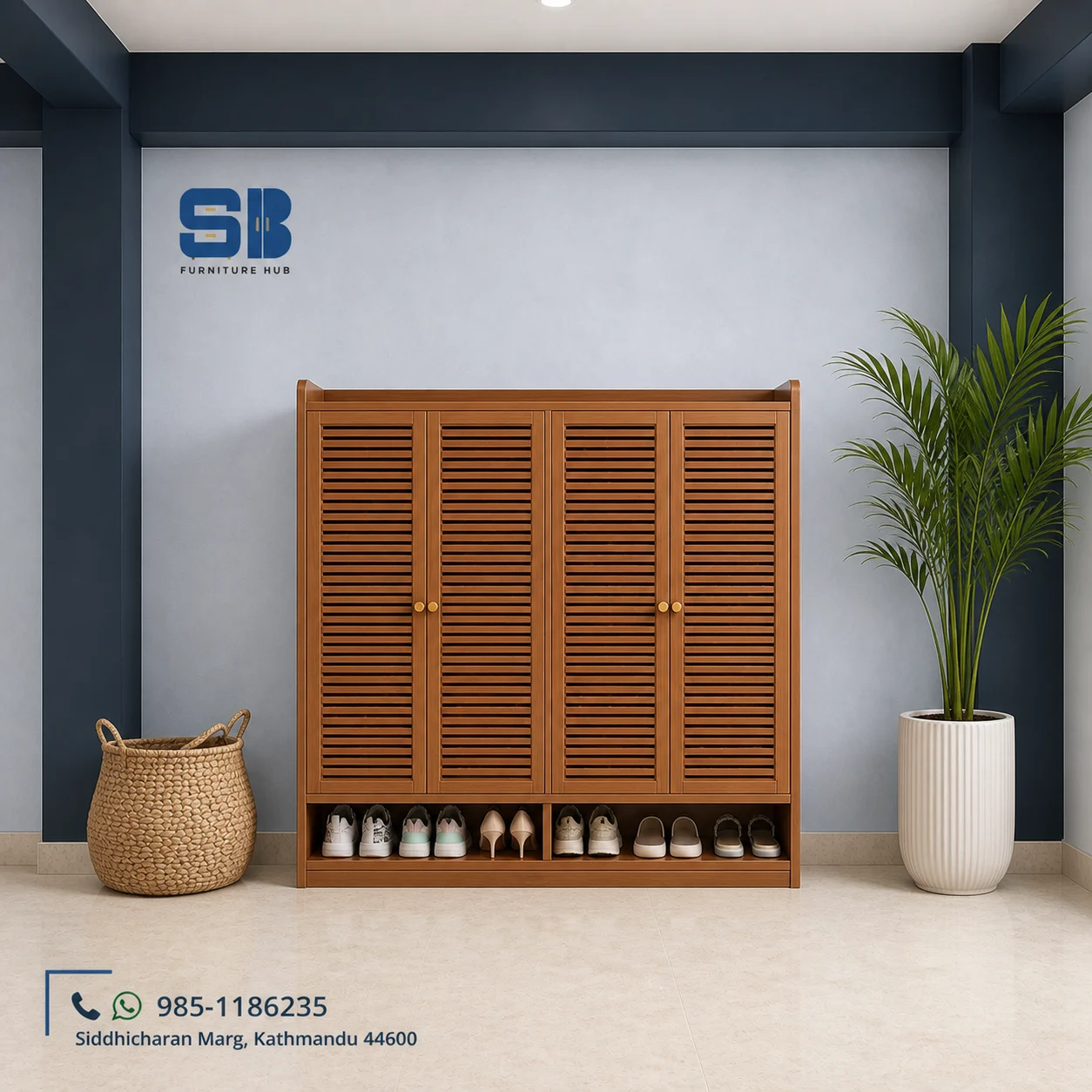 SBF Bamboo Louvre 4-Door Slim Open-Base Shoe Rack