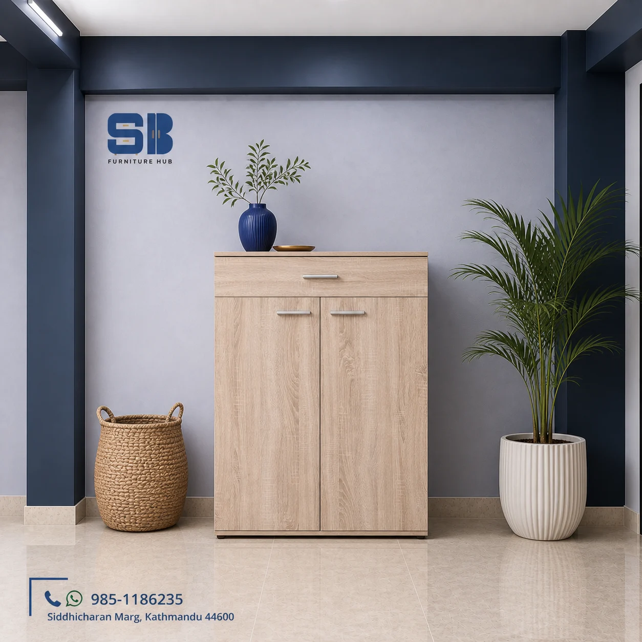 SBF Oak 2-Door + Drawer Shoe Rack