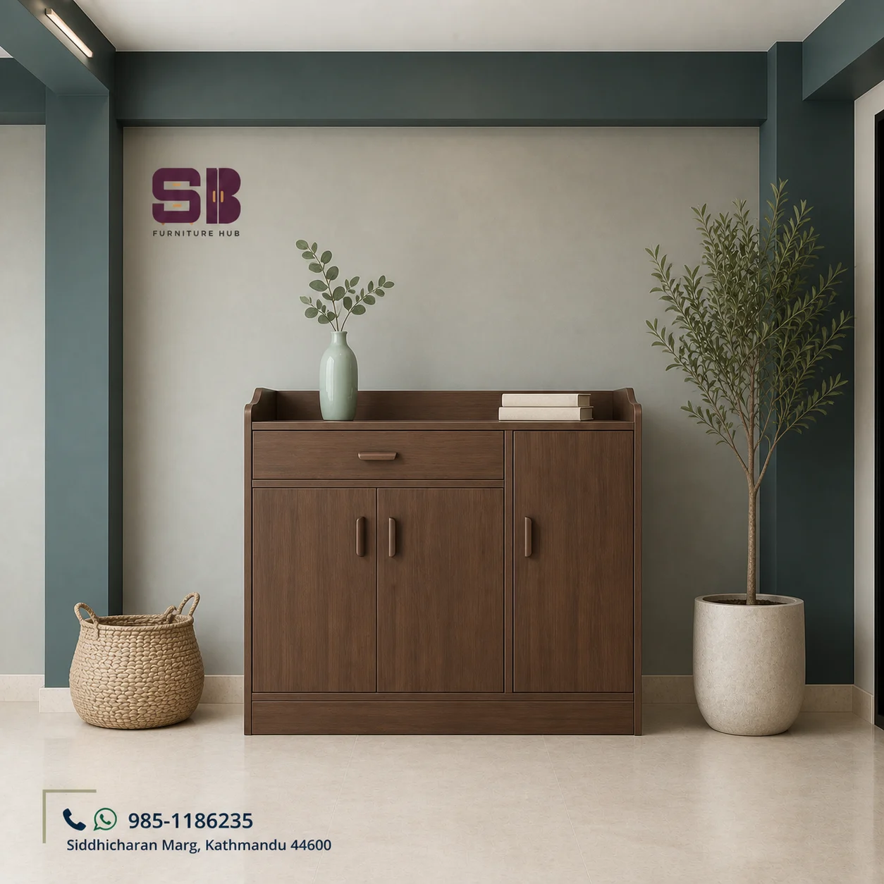 SBF Walnut 2-Door + Drawer + Side Door Shoe Rack