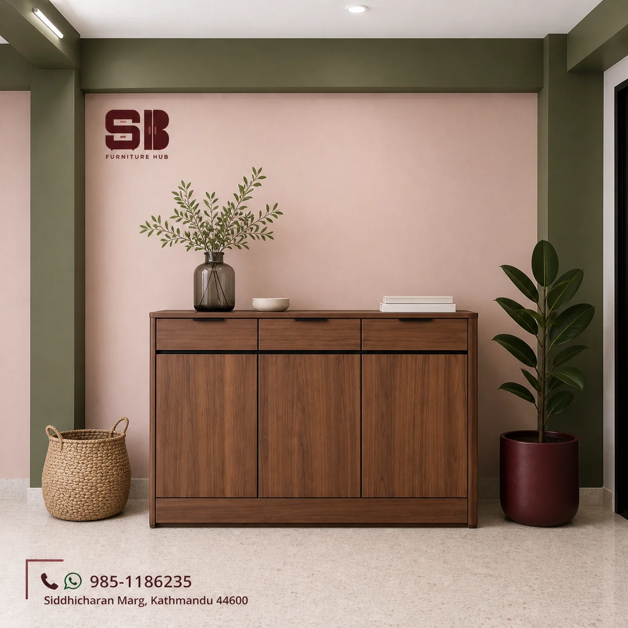 SBF Walnut 3-Door 3-Drawer Console Shoe Rack