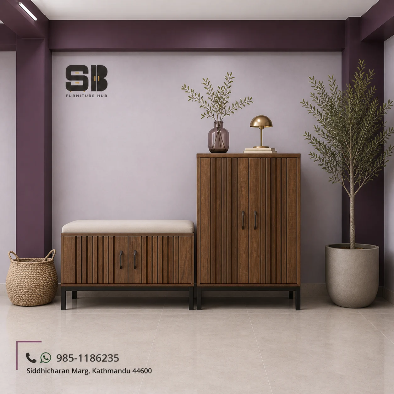 SBF Walnut Fluted 2-Door Bench + 2-Door Cabinet Set Shoe Rack