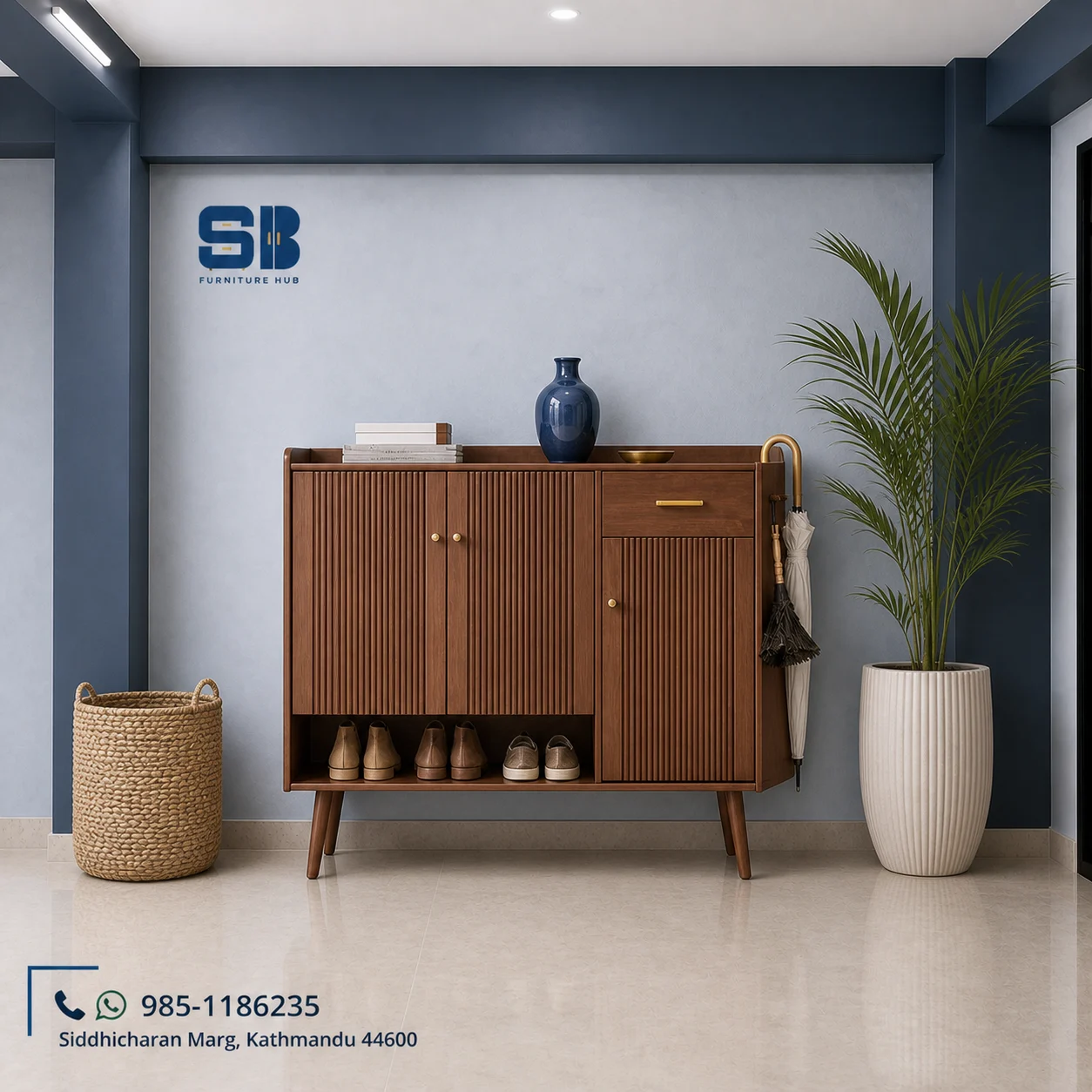 SBF Walnut Fluted 2-Door Bench with Side Cabinet Shoe Rack