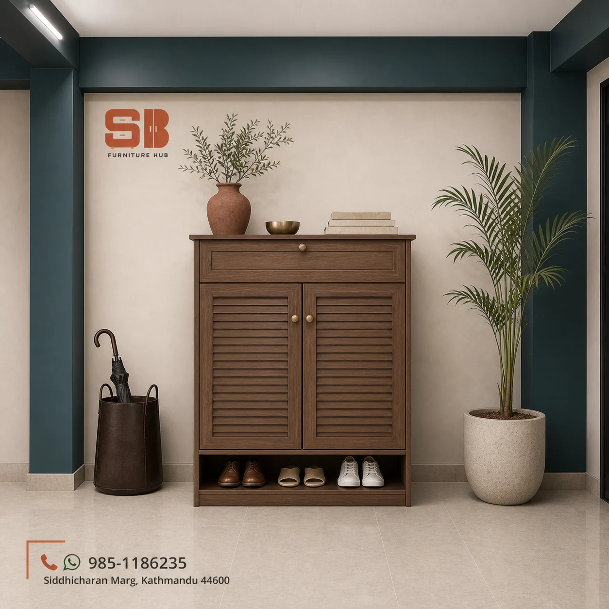 SBF Walnut Louvre 2-Door + Drawer Open-Base Shoe Rack