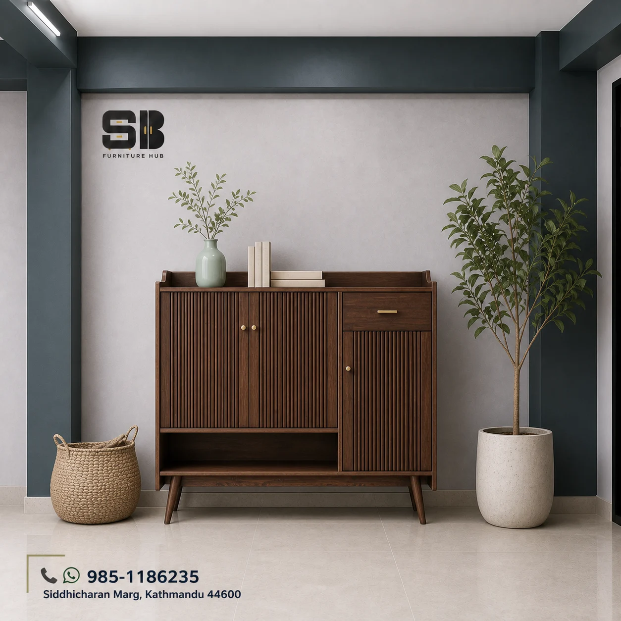SBF Walnut Louvre 2-Door Drawer Side Cabinet Shoe Rack