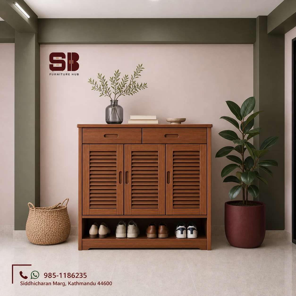SBF Walnut Louvre 3-Door 2-Drawer Open-Base Shoe Rack