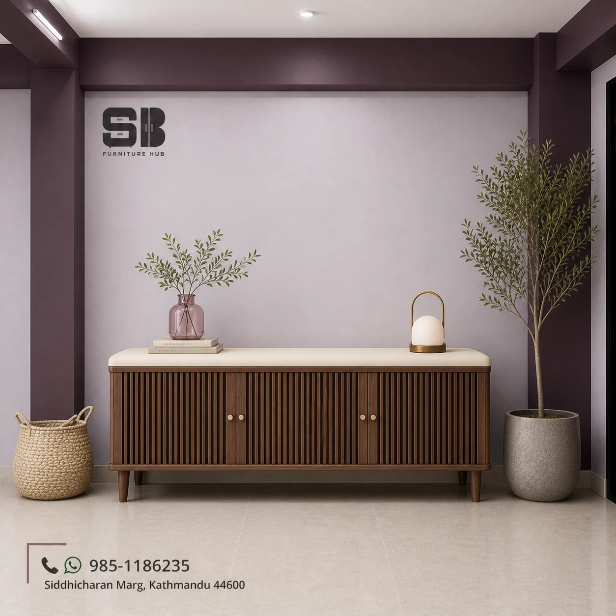 SBF Walnut Louvre 3-Door Cushion Bench Shoe Rack