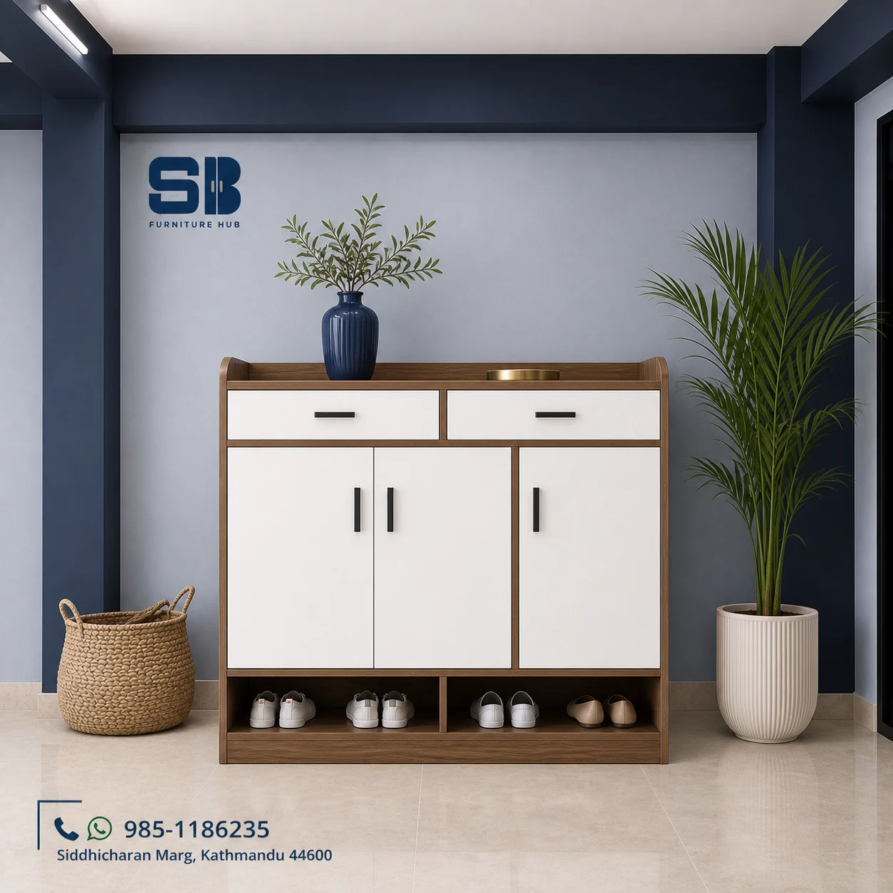 SBF Walnut-White 3-Door 2-Drawer Open-Base Shoe Rack