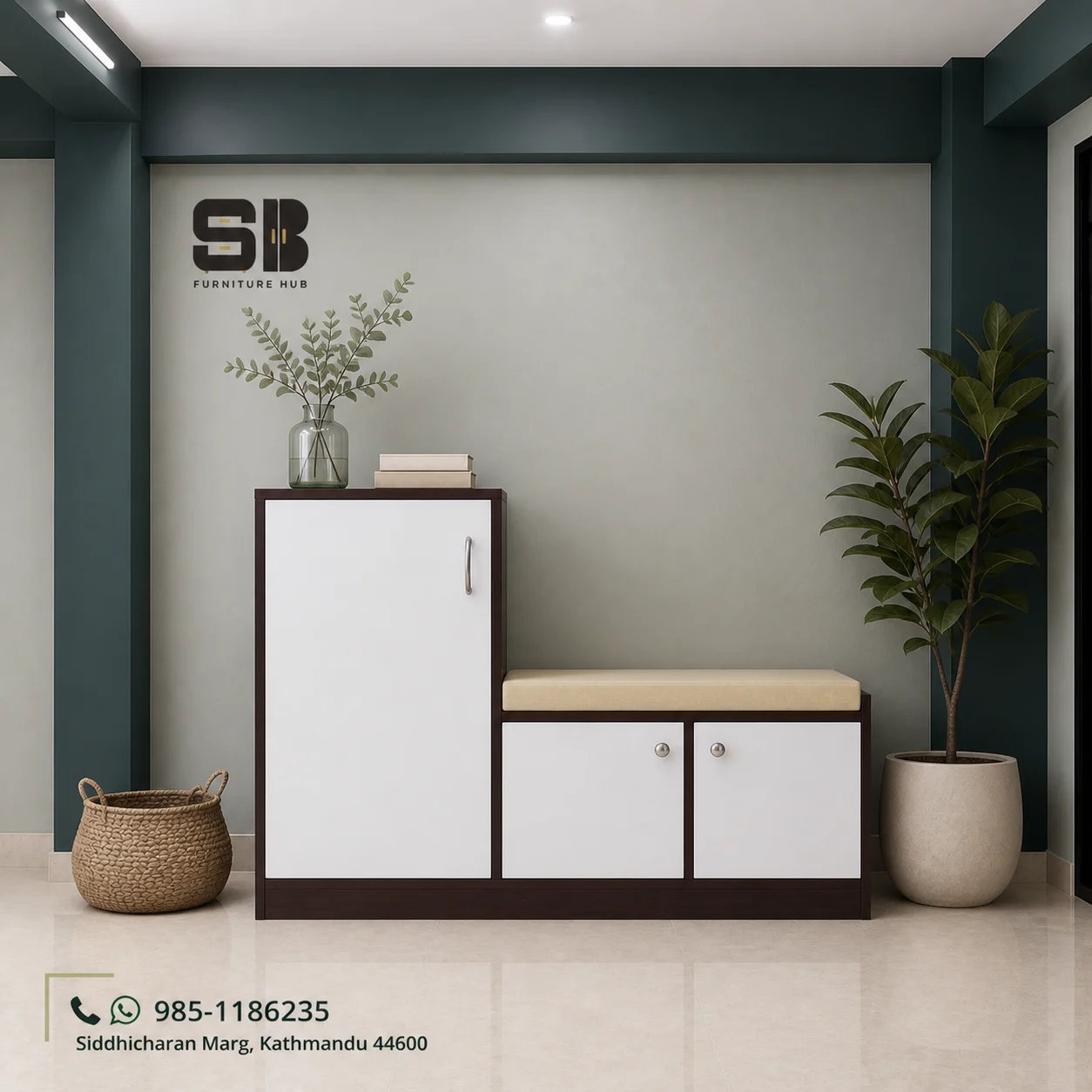 SBF Wenge-White 1-Door Cushion Bench + 2-Door Cabinet Shoe Rack