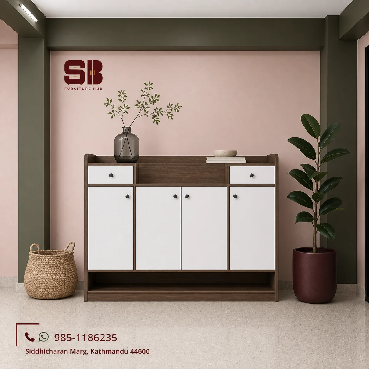 SBF Wenge-White 4-Door 2-Drawer Open-Base Shoe Rack