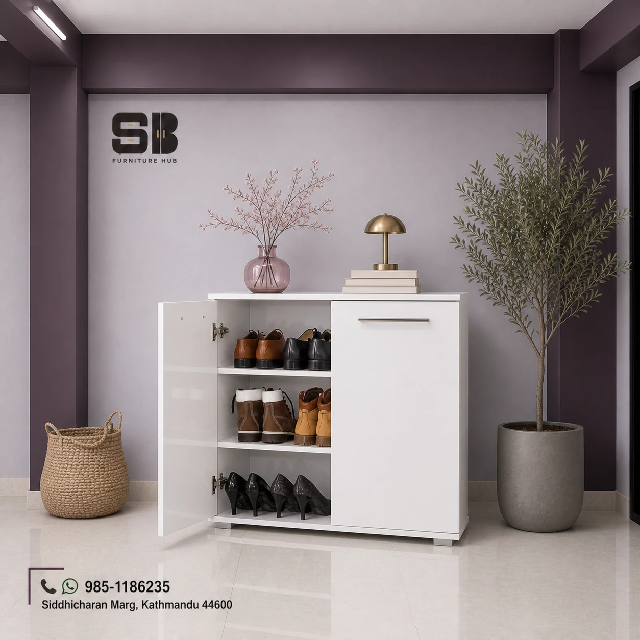 SBF White Gloss 2-Door Open-Shelf Shoe Rack